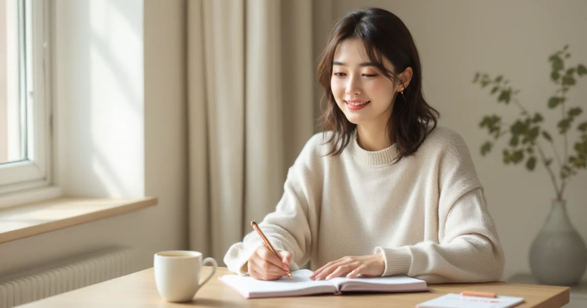 窓辺のオーク材デスクで穏やかにほほえみながら手帳に体調を書き込む30代前半の日本人女性。生理周期や不正出血の経過を記録するセルフケアのイメージ