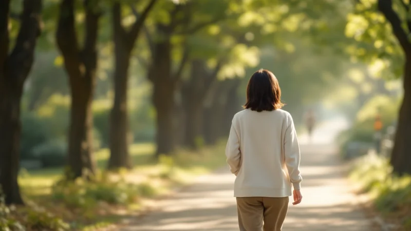 公園の並木道を軽やかな服装で歩いている50代前半の日本人女性の後ろ姿