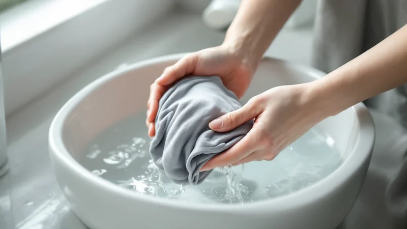 白いセラミックボウルに水をはり、グレーのショーツを両手でやさしく押し洗いしているシーン。清潔感のある洗面環境と明るい自然光