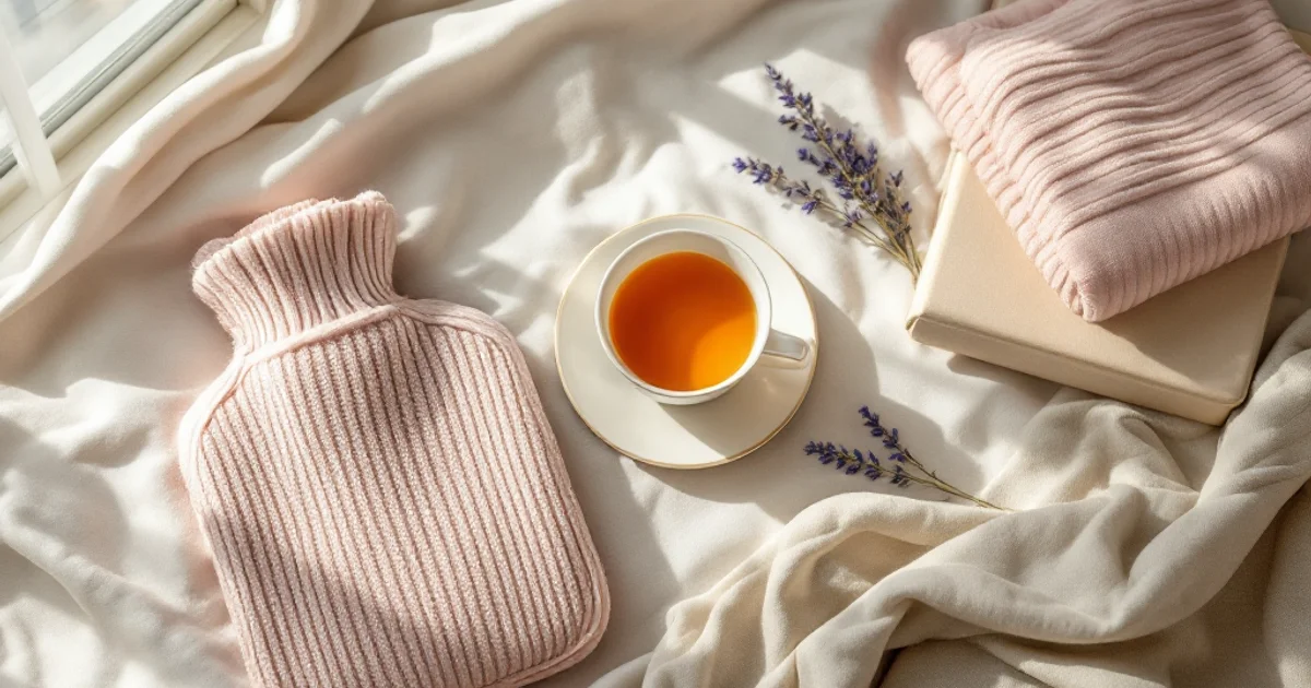 くすみピンクの湯たんぽ、ハーブティーのカップ、健康ダイアリー、ドライラベンダーが並ぶやさしい雰囲気のフラットレイ。子宮腺筋症のセルフケアを表すイメージ