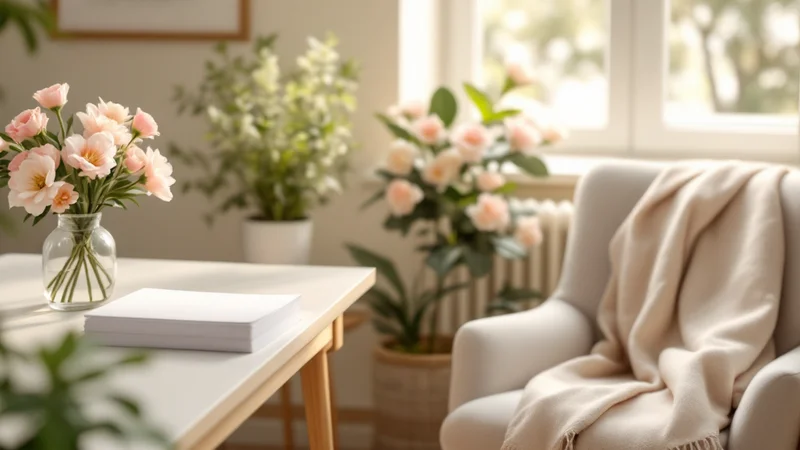 婦人科クリニックの受付に置かれたピンクのカーネーション、問診票、植物、やさしいリネンの椅子。はじめての婦人科受診の安心感を表すイメージ