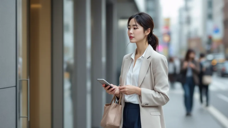 オフィスビルの前で足を止め、スマートフォンを手に出社前のひと呼吸を置く30代前後の日本人女性