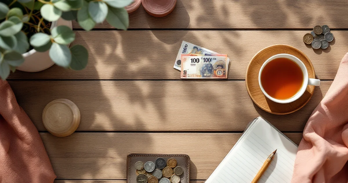 木目のテーブルに置かれた日本円のお札と硬貨・茶色の革の小銭入れ・紅茶のカップ・ノートと鉛筆・ユーカリの鉢植え。アフターピルの費用を考えるイメージ