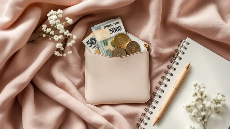 くすみピンクのリネン布の上に置かれたベージュの小さなポーチから覗く5000円札と硬貨・カスミソウの小花・ノートとペン。アフターピルの費用内訳を象徴するイメージ
