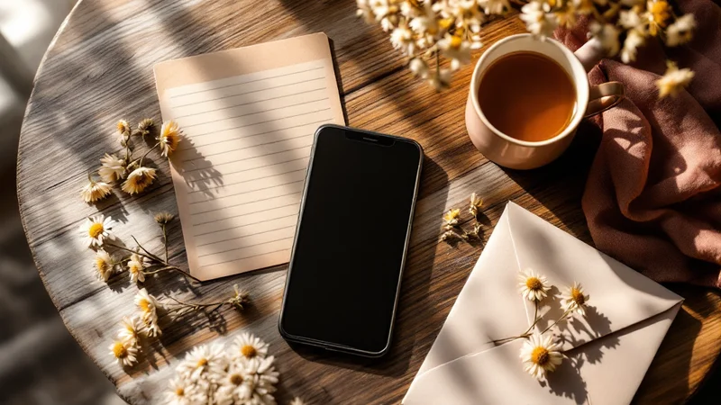 木目の丸テーブルに置かれたスマートフォンと罫線入りメモ・ハーブティーのカップ・ドライカモミール・ベージュの封筒。相談窓口に電話するシーンをイメージしたフラットレイ