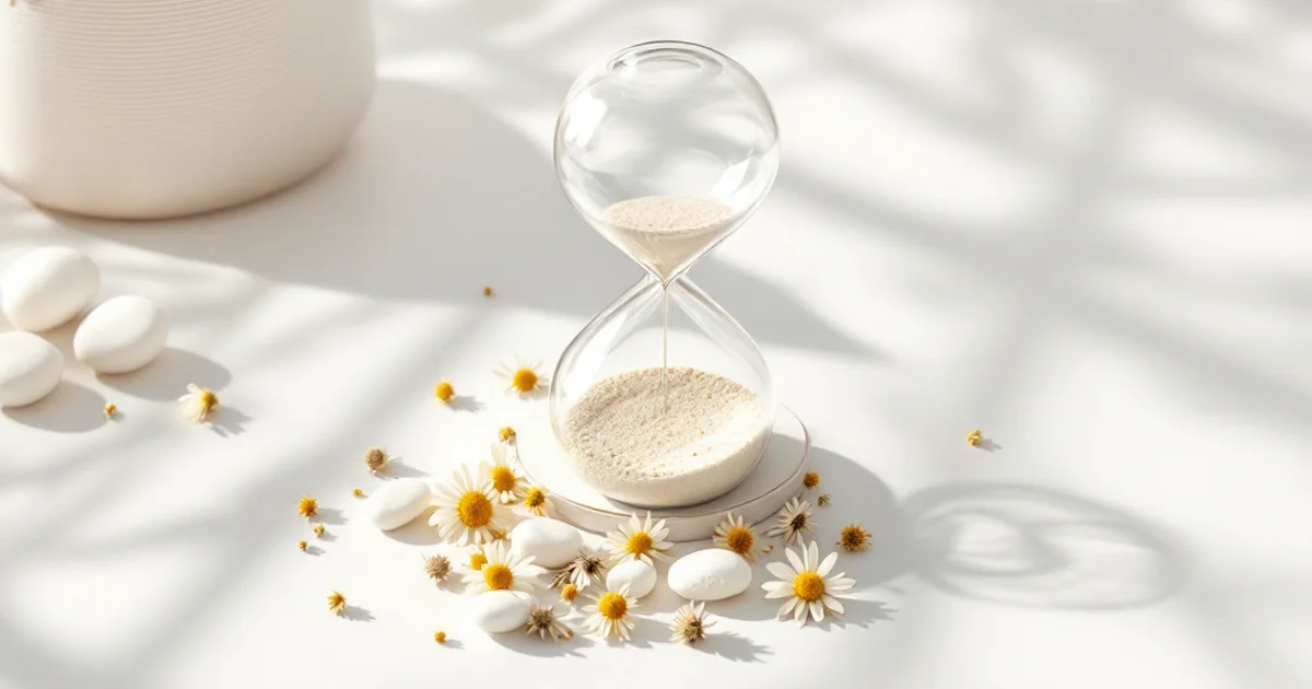 白い背景の上に置かれたガラスの砂時計とカモミールの花・白い小石。アフターピルの服用タイミングと時間の重要性を表すイメージ