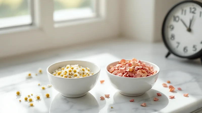 大理石のテーブルの上に置かれた2つの白いボウル（カモミールとローズ）と時計。2種類のアフターピルを比較するイメージ