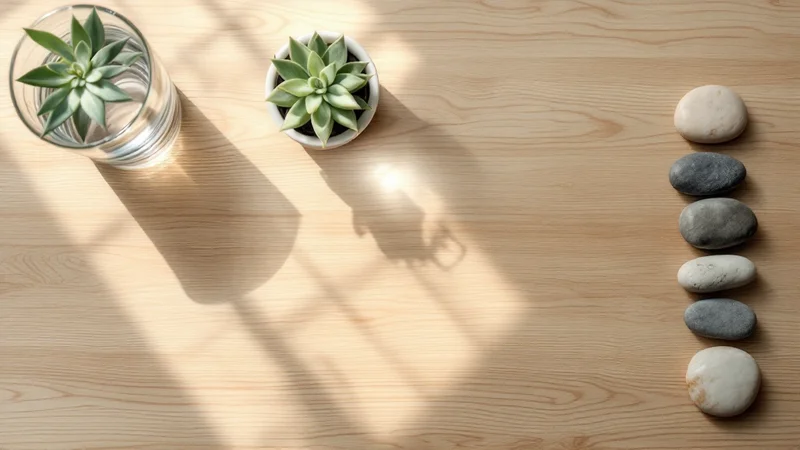 木目のデスクの上に並ぶ多肉植物・グラス・小石。アフターピル服用後に落ち着いて経過を見守るセルフケアのイメージ