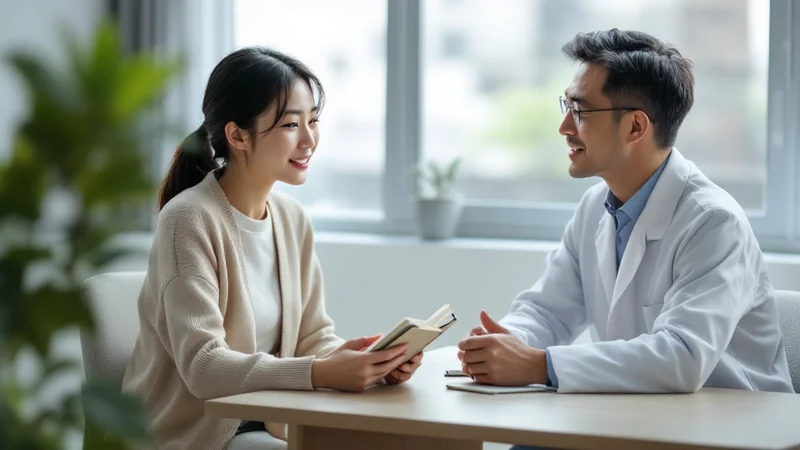 診察室の机で、白衣の医師にノートを見せながら症状を相談している私服の30代前後の女性