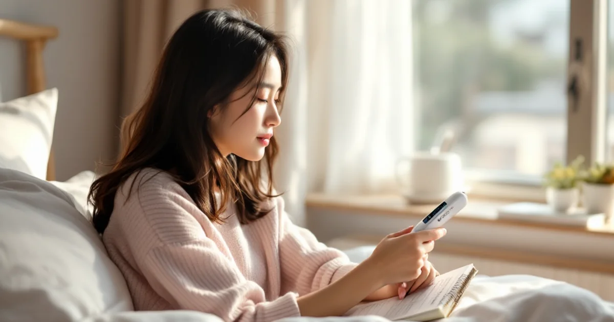 自宅のベッドで基礎体温計を手に体温表を確認する20代後半から30代の日本人女性。無排卵月経のセルフチェックをイメージしたシーン
