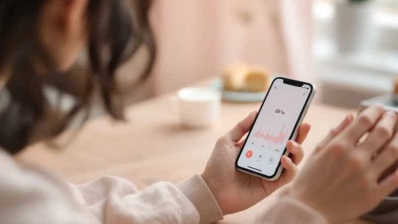 基礎体温表のグラフをスマートフォンのアプリで確認する20代後半から30代の日本人女性。低温期と高温期の二相性をチェックしているシーン