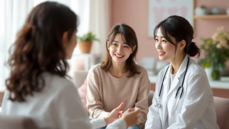 診察室で医師の説明を聞く20代後半から30代の日本人女性。婦人科での問診・検査についてのカウンセリングシーン