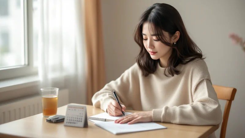 窓辺のテーブルでカレンダーを横に置き、ノートに日々の体調を書き込む30代の日本人女性