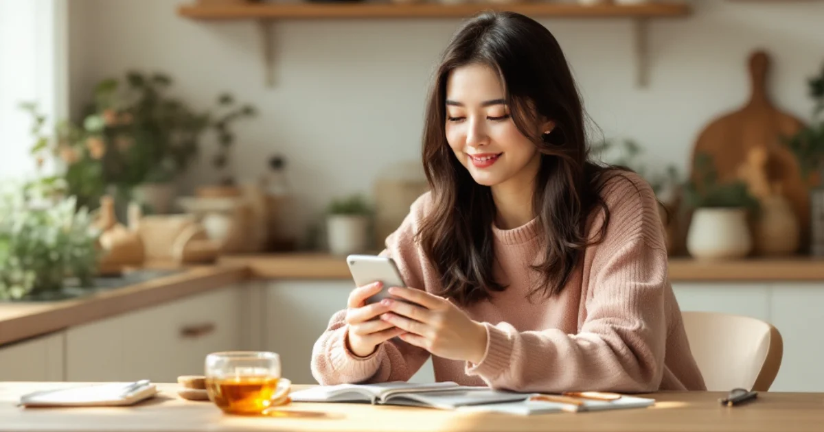 自宅のキッチンでお茶を飲みながらスマートフォンで妊活アプリを確認し微笑む20代後半の日本人女性