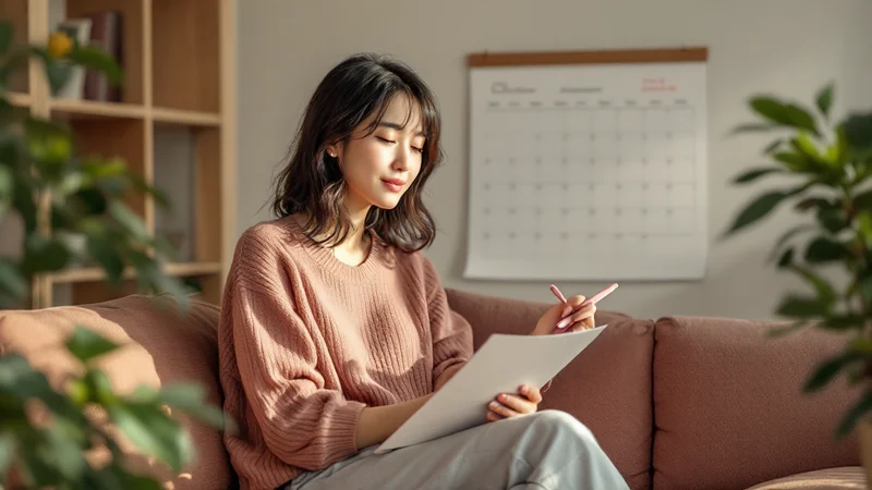 リビングのソファでノートに書き込みながら壁掛けカレンダーで通院日を確認する20代後半の日本人女性