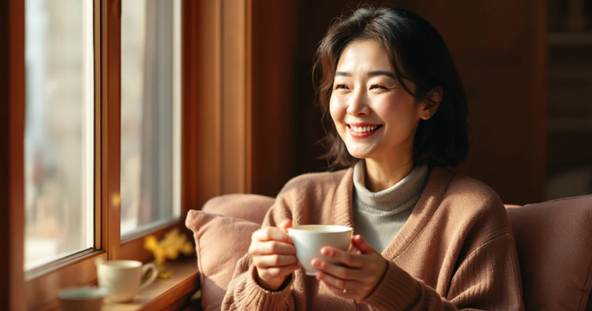 リビングの窓辺で穏やかな表情で紅茶を飲む40代後半から50代の日本人女性