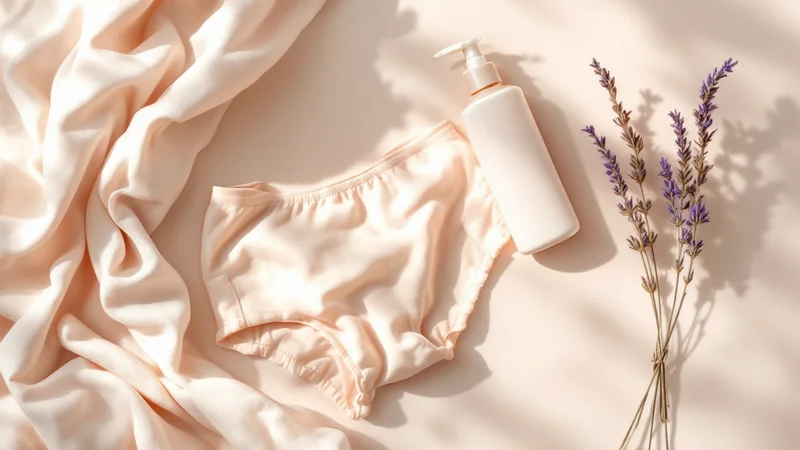 ナチュラルな綿素材の下着と天然成分のデリケートゾーンケア用品が並ぶ白いテーブル
