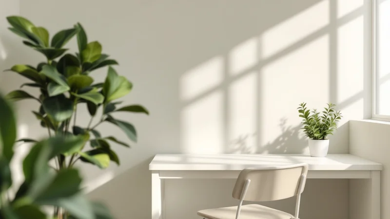 婦人科クリニックの清潔な診察室。白い机と観葉植物。受診しやすい雰囲気のイメージ