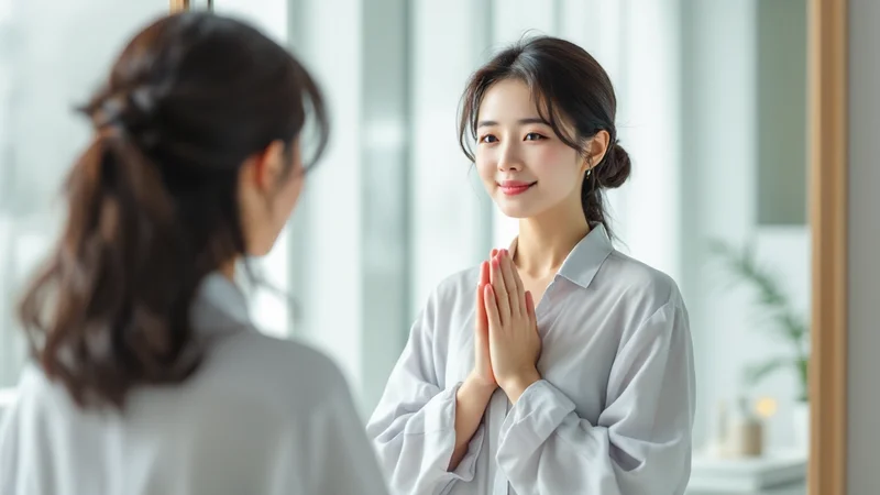 明るい洗面所の鏡の前で、両手をそっと重ねて穏やかに微笑む20代後半の日本人女性。自分の体をいたわるセルフケアのシーン