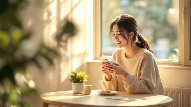 窓辺のテーブルで基礎体温アプリを見ながら穏やかにほほえむ日本人女性、朝の自然光と観葉植物のある落ち着いた空間