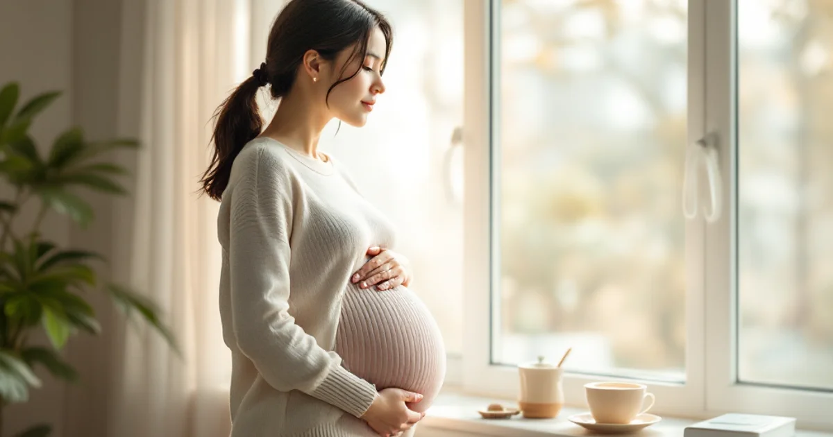 明るいリビングの窓辺に立ち、お腹にそっと手を添えて外を眺めている妊娠後期の30代前半の日本人の妊婦