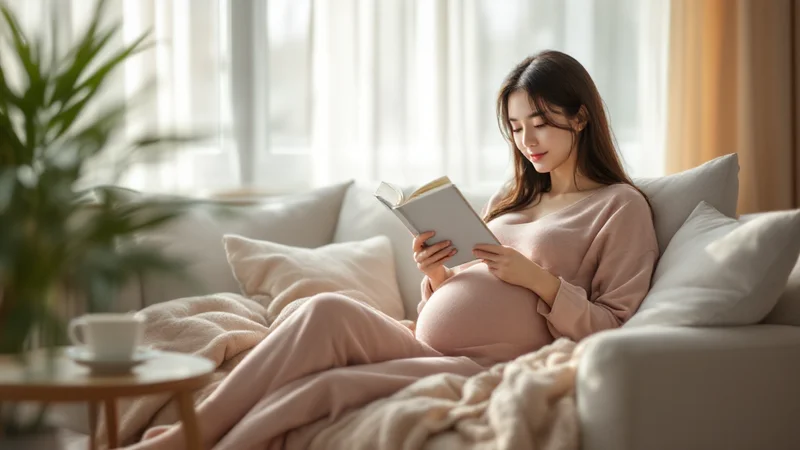 明るいリビングのソファで、ブランケットを掛けてゆったりと本を読んでいる妊娠後期の30代前半の日本人の妊婦。おしるしのあと陣痛を待つあいだ、無理をせず体力を蓄えて過ごすイメージ