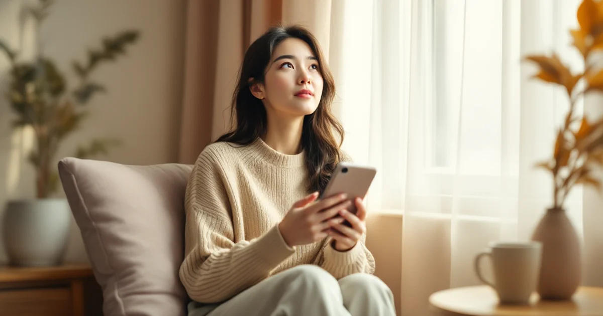 窓辺のソファに座り、手元のスマートフォンから視線を上げて考えこむ30代前半の日本人女性。気になることを抱えながら落ち着いて情報を確かめている様子