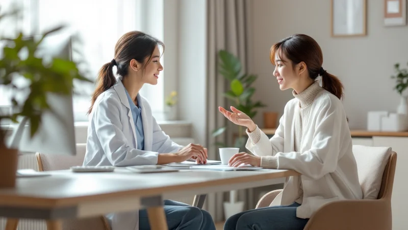 明るい診察室で、白衣を着た女性医師がモニターを示しながら説明し、ニットのセーターを着た30代前半の女性が向かい合って話を聞いている様子