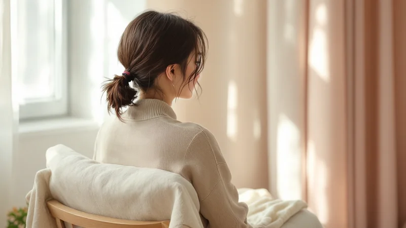 明るい窓辺の椅子に腰かけ、窓のほうを向いている女性の後ろ姿。背もたれに白いブランケットがかけられている