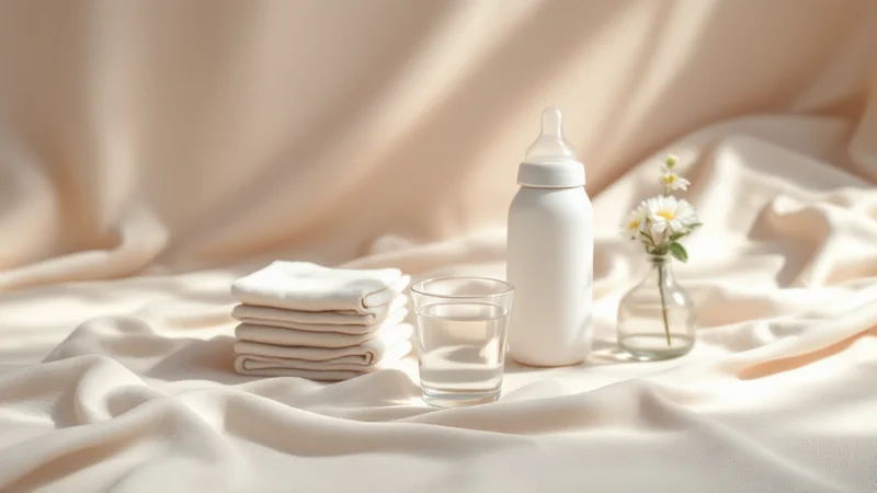 生成りの布の上に並んだ白い哺乳瓶と、たたんだガーゼの重ね、水の入ったグラス、白い小花を生けた小瓶