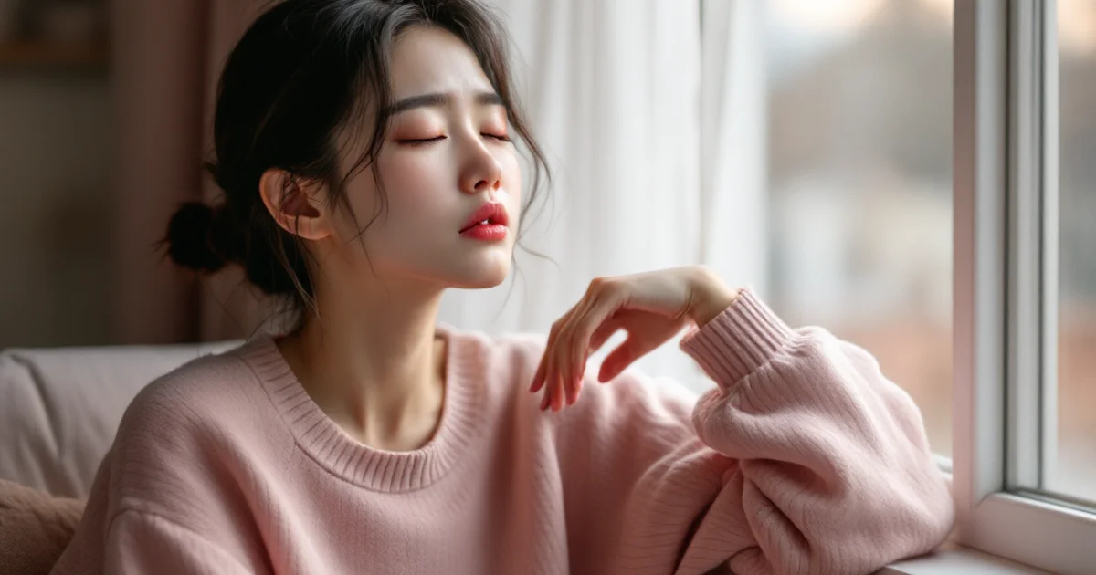 胸元に手を当てつらそうな表情をする20代の日本人女性。生理前の胸の張りや痛みを表すシーン