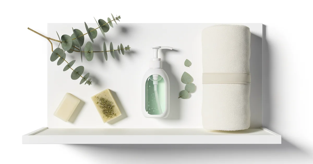 清潔感のあるバスルームに置かれたボディケア用品。デリケートゾーンのセルフケアイメージ