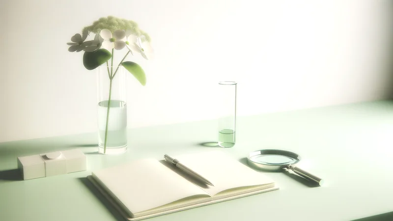 顕微鏡のそばに置かれた白い花と研究ノート。感染症の科学的なイメージ