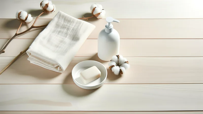 通気性のよい白いコットン下着とボディソープ。デリケートゾーンケアのイメージ