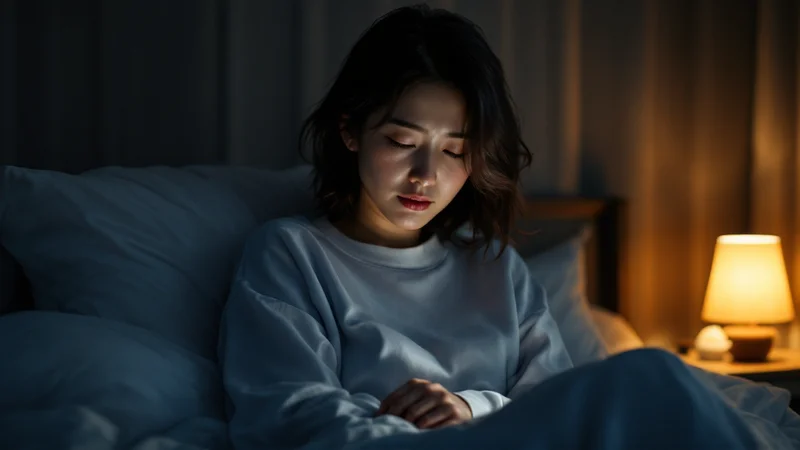間接照明だけの薄暗い寝室で、夜中に目を覚まし、ベッドに上体を起こしてうつむいている50代前後の日本人女性