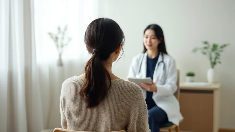 診察室で、後ろ姿の女性が椅子に座り、向かいに座った白衣の女性医師が説明をしている様子