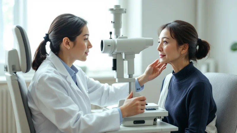 眼科の診察室で、白衣の女性医師が細隙灯顕微鏡をのぞき、私服の50代前後の女性があごを乗せて検査を受けている様子