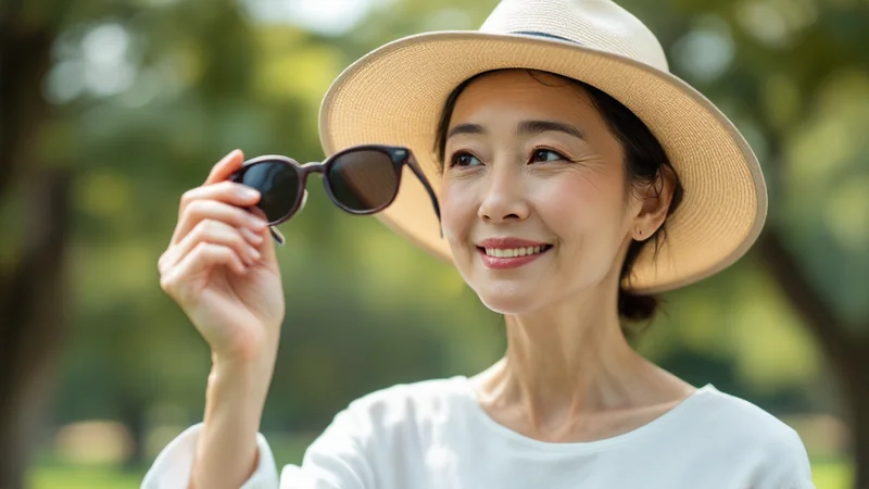 晴れた日の公園で、つばの広い帽子をかぶりサングラスを手に持っている50代前後の日本人女性