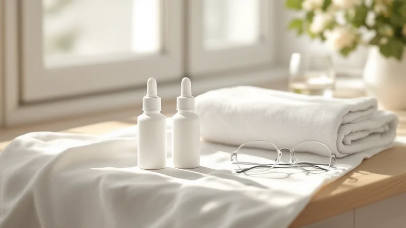 明るい窓辺のテーブルに置かれた、ラベルのない白い点眼薬のボトル2本と保護用の眼鏡、たたんだ白いタオル