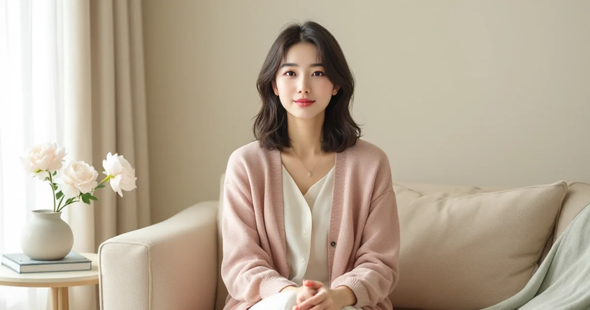 穏やかな日差しが差し込む部屋のソファに座り、両手を膝に重ねて前を向く日本人女性。子宮頸がんについて前向きに向き合うイメージ