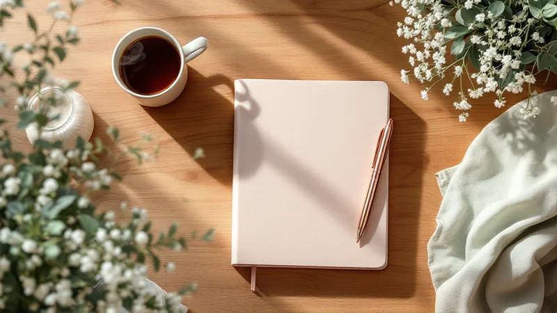 木目のデスクに置かれた手帳と小花柄の布、マグカップ。女性が落ち着いて自分の体について考えるイメージ