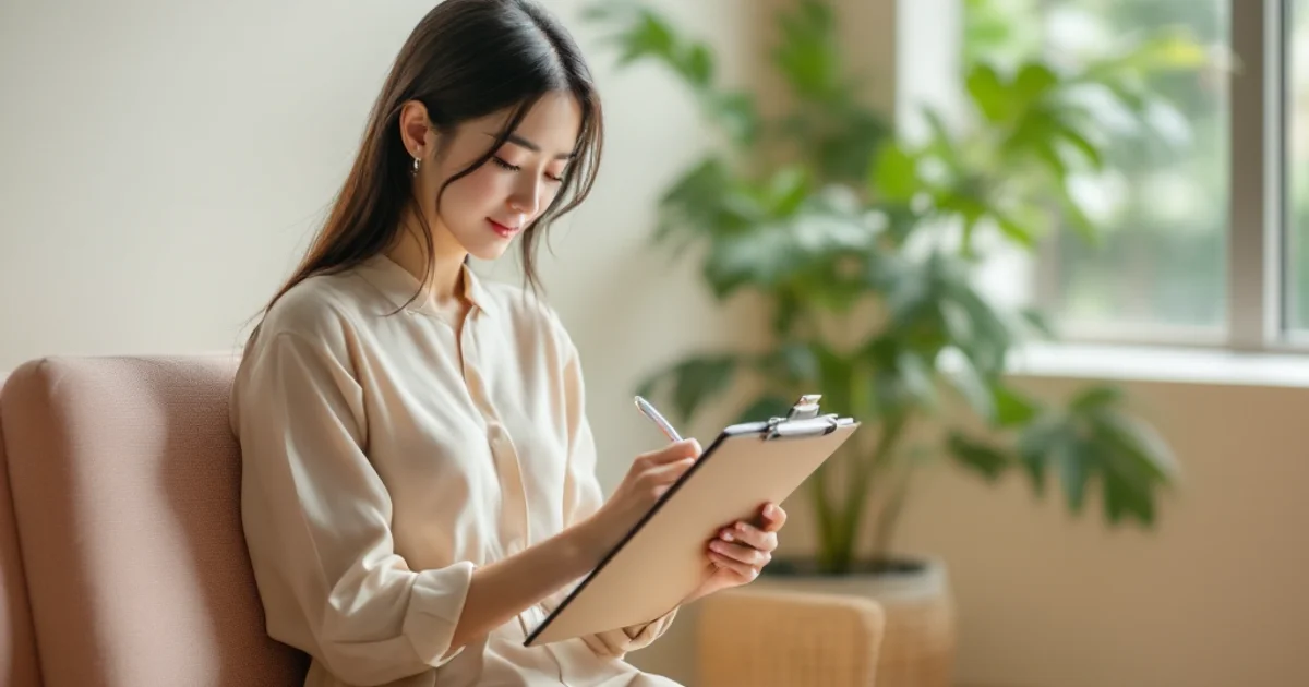 婦人科クリニックの待合室で問診票を記入する日本人女性。子宮頸がん検診の受診をイメージ