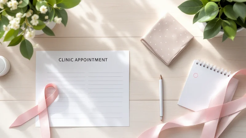 婦人科の問診票・予約カード・水玉模様のハンカチをまとめたデスクの俯瞰。検診当日の持ち物イメージ