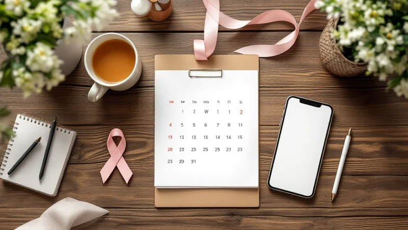 木製テーブルにマグカップとカレンダー、ピンクのリボン（子宮頸がん啓発）が並ぶ俯瞰写真。検診の予約をイメージ