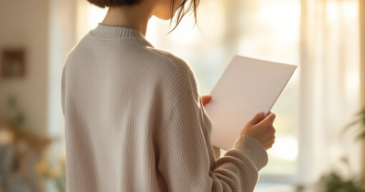 検査結果の通知書を手に窓辺で穏やかに考え事をする日本人女性の後ろ姿。子宮頸部異形成の診断後に落ち着いて向き合うイメージ