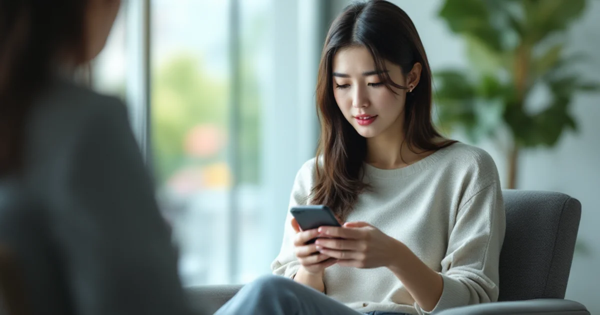 明るい診察室の待合スペースで、少し不安げな表情でスマートフォンを見つめる20代後半の日本人女性