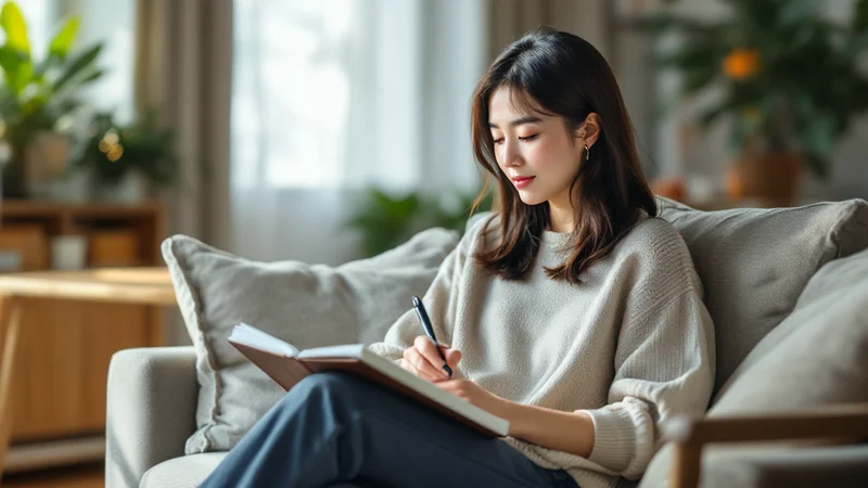 清潔感のある明るい部屋で、ソファに座り穏やかな表情でノートに何かを書き込む20代後半の日本人女性