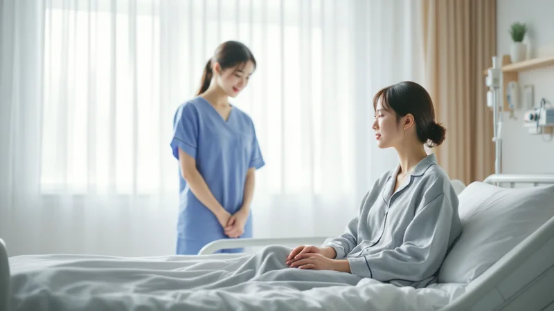 明るい病室で、グレーのパジャマ姿でベッドに腰かける30代前半の日本人女性と、少し離れた場所から見守る青い制服の看護師