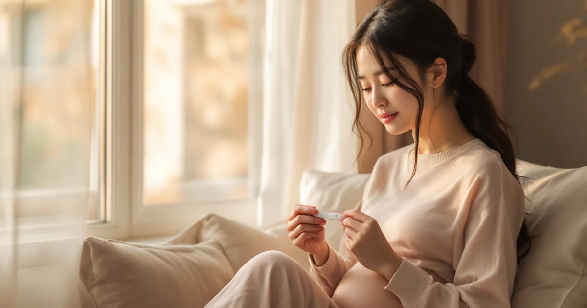 窓辺で妊娠検査薬を手に静かに座る30代の日本人女性。朝の柔らかな光の中、前向きな気持ちを持つ姿