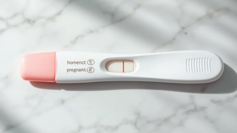 白い大理石の上に置かれた妊娠検査薬のクローズアップ。薄い陽性ラインが見える判定確認のイメージ